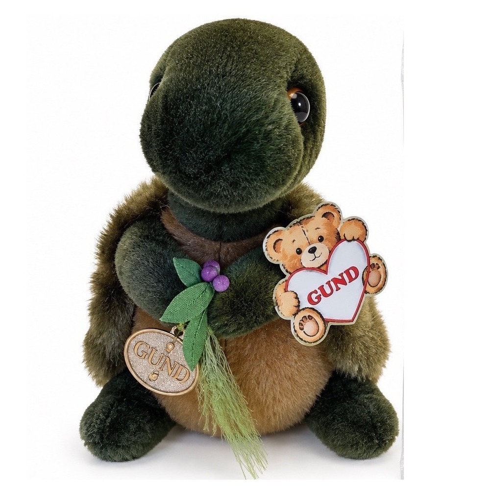 Vintage 1987 Gund Turtle Plush Green Brown Tortoise Metal Medallion Tag 9"